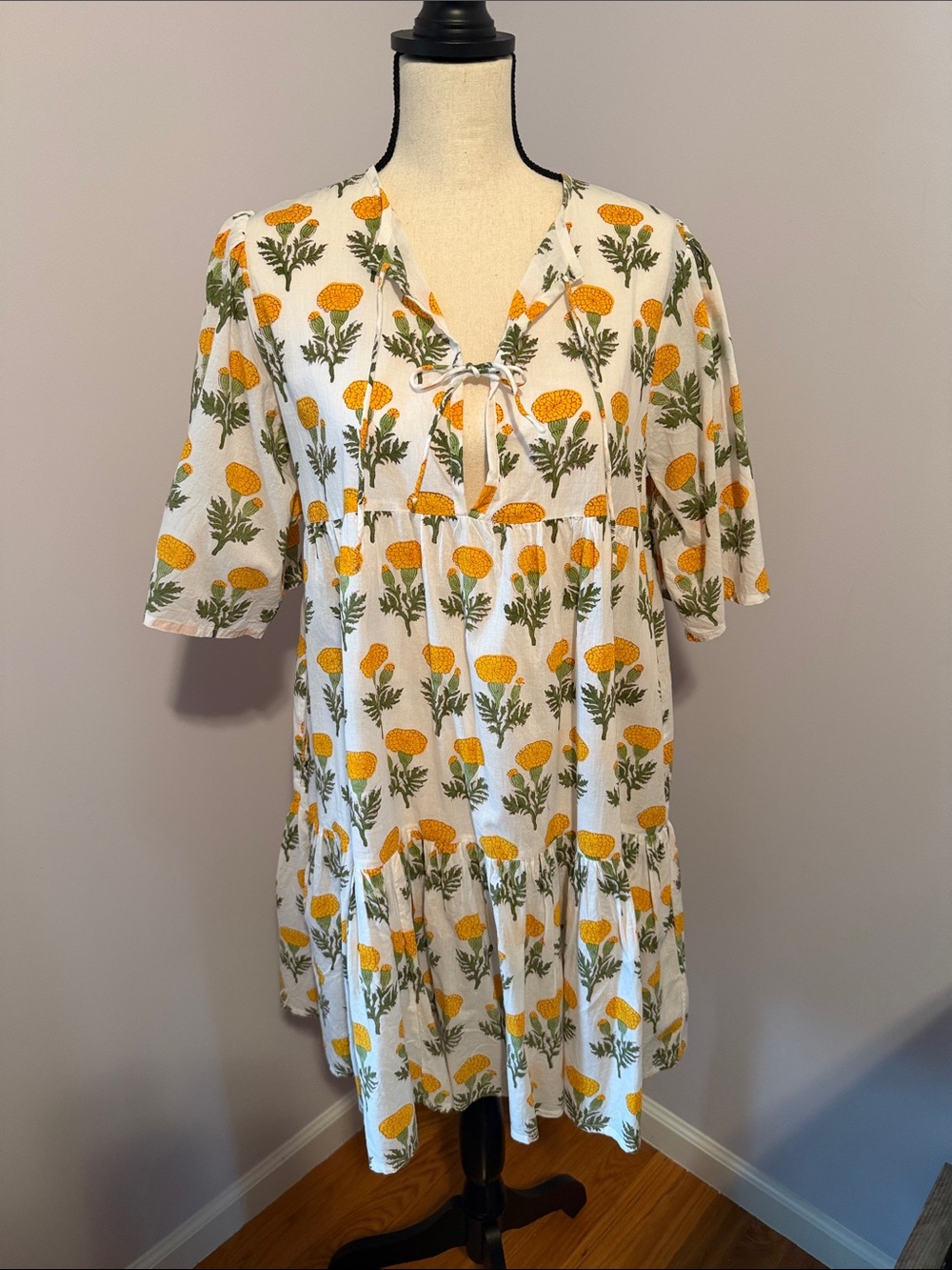 White Floral Tie-Front Casual Midi Dress